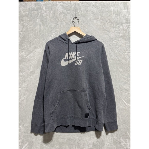 Nike SB Logo Hoodie Pullover Sweatshirt Gray Mens‎ Large Kangaroo Pocket Skate - Picture 1 of 11